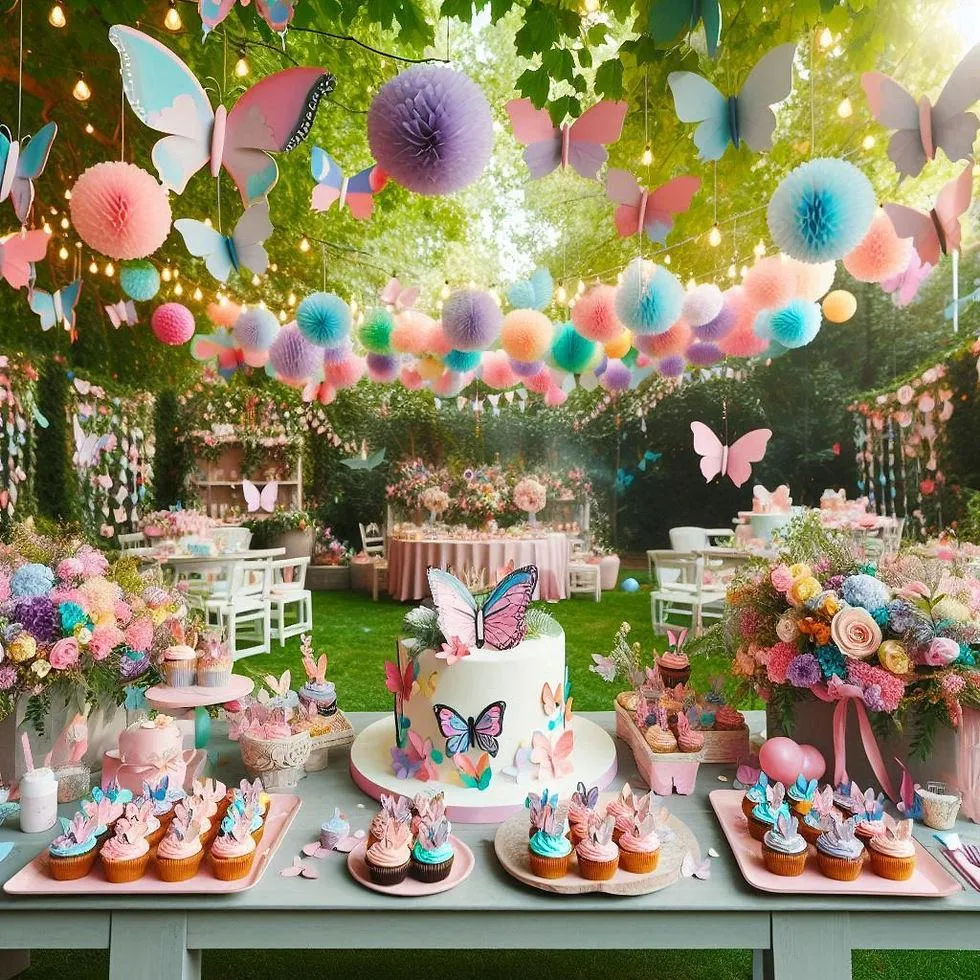 Whimsical butterfly birthday party setup with pastel balloon garlands, colorful paper butterflies, floral dessert table, butterfly birthday cake, cupcakes, and elegant garden decorations for an outdoor celebration.