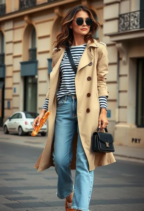 French Girl Style featuring a chic Parisian woman wearing a beige trench coat, striped shirt, straight-leg jeans, leather handbag, and classic loafers on a charming Paris street.