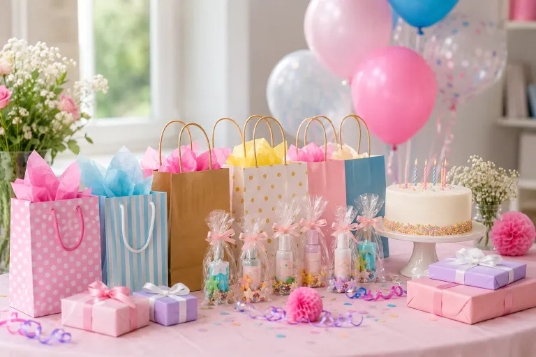 Beautiful birthday party setup with colorful wrapped return gifts, pastel gift bags, balloons, birthday cake, and festive decorations on an elegant celebration table.