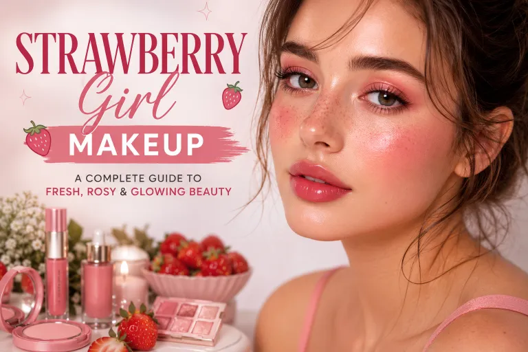 Strawberry Girl Makeup look featuring glowing skin, rosy pink blush, soft freckled complexion, glossy lips, natural eye makeup, fresh strawberries, and feminine beauty products.