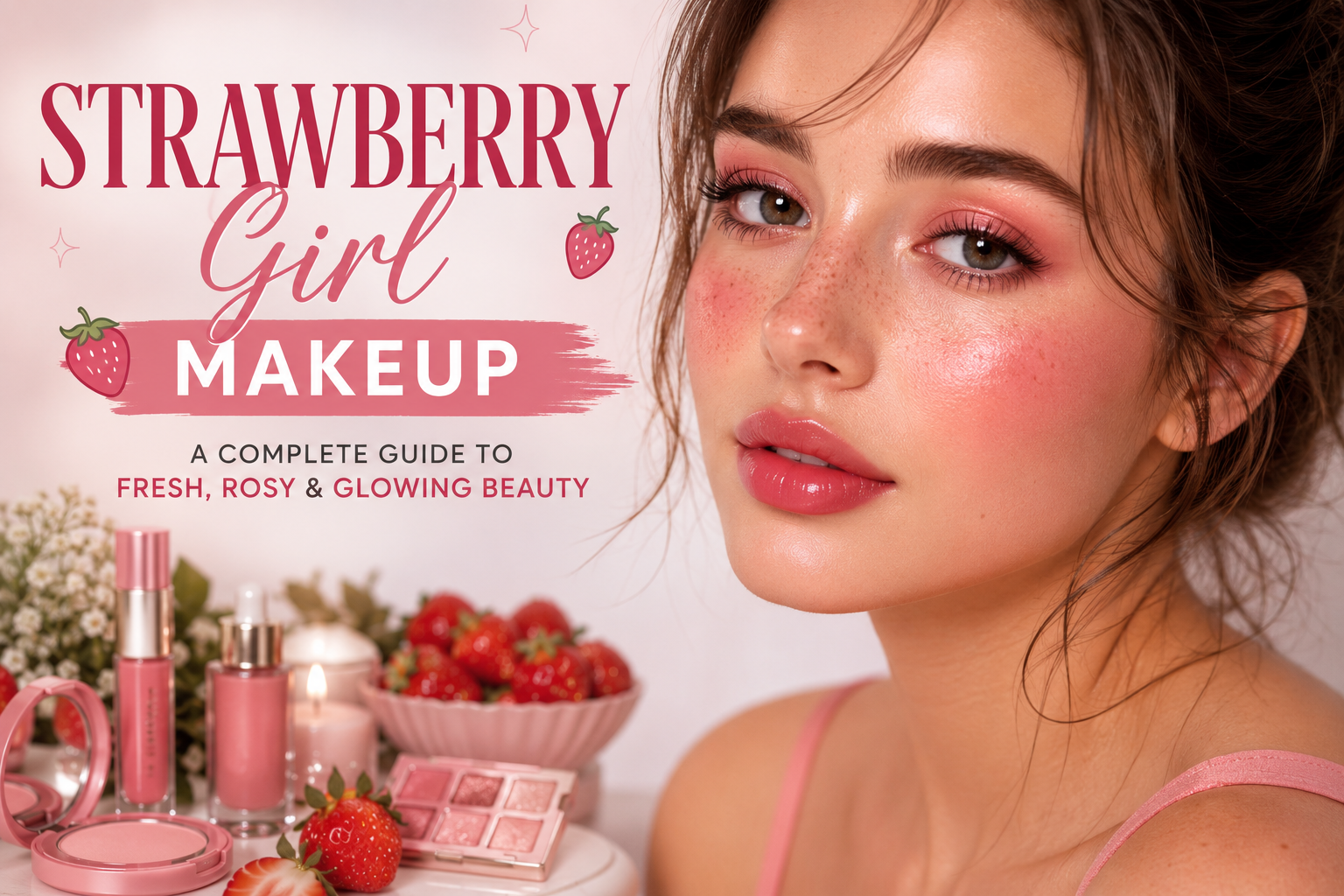 Strawberry Girl Makeup look featuring glowing skin, rosy pink blush, soft freckled complexion, glossy lips, natural eye makeup, fresh strawberries, and feminine beauty products.