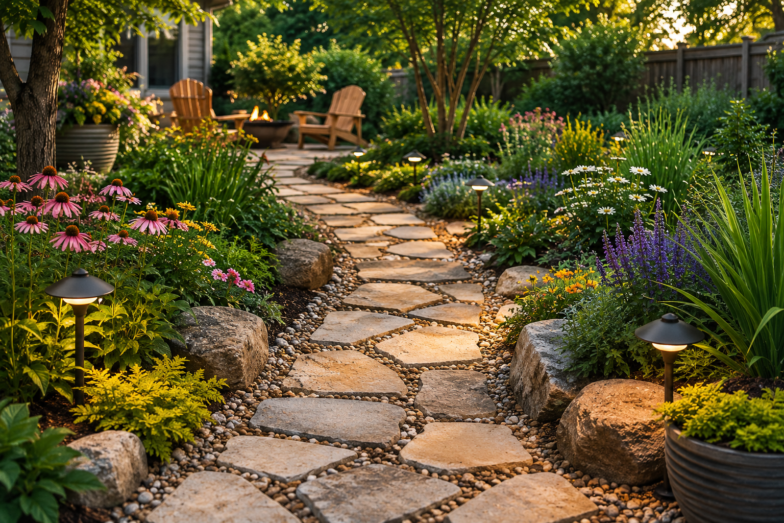 DIY garden path with natural stone stepping stones, colorful flower beds, lush greenery, solar pathway lights, decorative rocks, and a cozy backyard seating area surrounded by vibrant landscaping