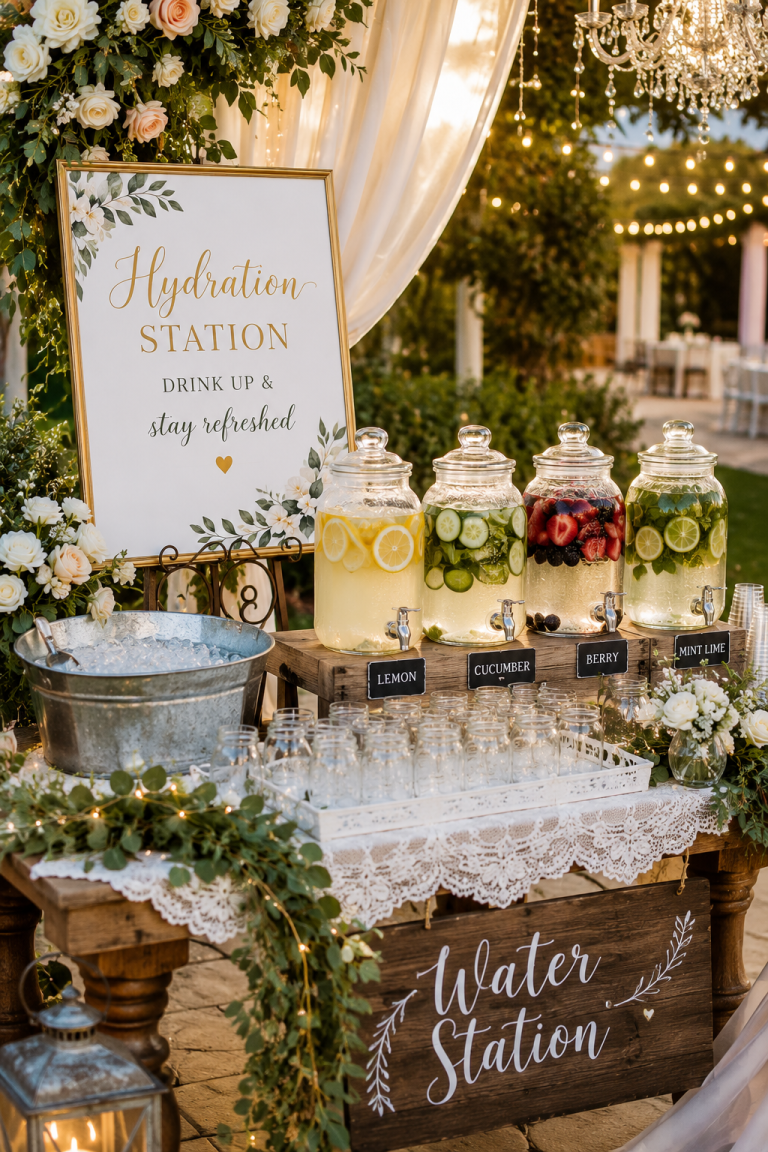 Wedding Water Station Ideas featuring elegant glass drink dispensers with infused water, fresh fruit, floral arrangements, hydration station sign, and rustic outdoor wedding beverage decor.