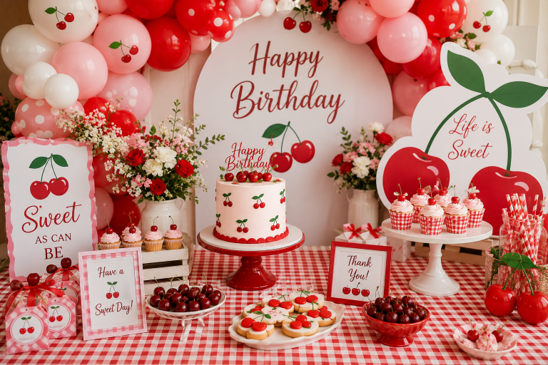 Cherry-themed birthday party with red and pink balloon garlands, cherry cake, gingham tablecloth, cupcakes, cookies, fresh cherries, floral arrangements, and a beautifully decorated dessert table.
