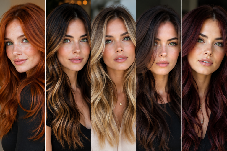 Collage of women with green eyes showcasing flattering hair colors including copper, auburn, chocolate brown, honey blonde, caramel balayage, and burgundy for modern beauty inspiration.