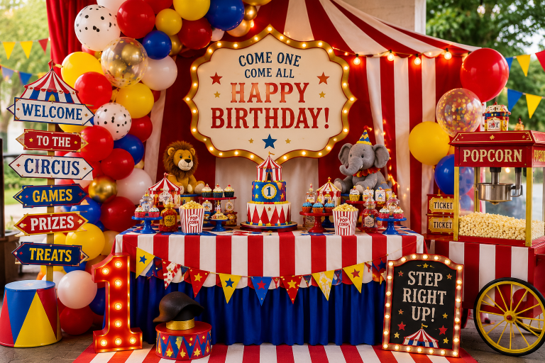 Colorful circus birthday party featuring a red and white circus tent backdrop, vibrant balloon garland, carnival-themed dessert table, circus birthday cake, popcorn cart, stuffed animals, vintage carnival signs, and festive decorations for a fun kids' celebration.