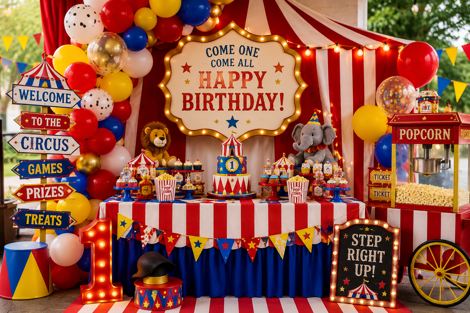 Colorful circus birthday party featuring a red and white circus tent backdrop, vibrant balloon garland, carnival-themed dessert table, circus birthday cake, popcorn cart, stuffed animals, vintage carnival signs, and festive decorations for a fun kids' celebration.