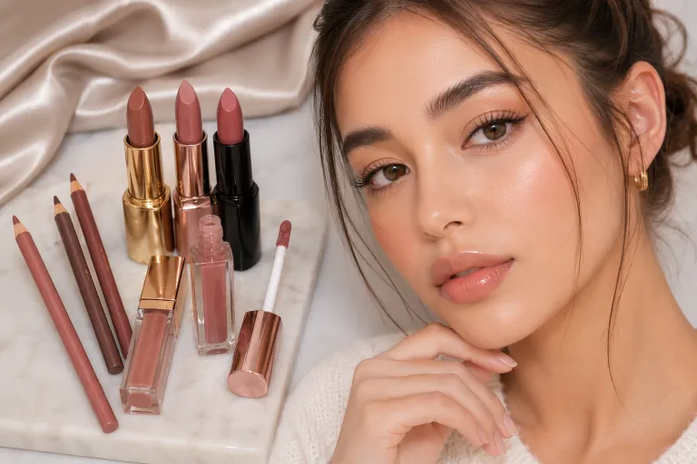 Luxury lip liner, lipstick, and lip gloss arranged beside a woman with glossy nude lips in soft natural lighting, showcasing trendy lip combo ideas.