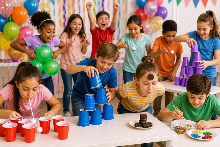 Children playing fun Minute to Win It birthday party games with plastic cups, ping pong balls, cookies, balloons, and candy during a colorful indoor birthday celebration.