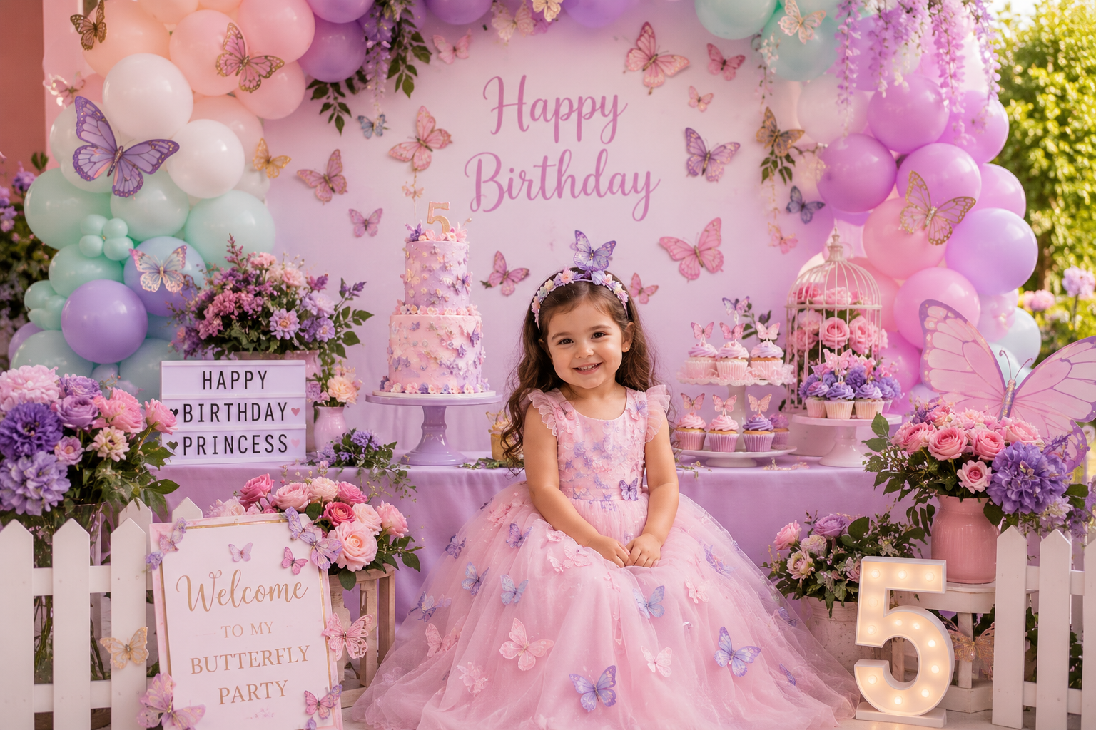 Beautiful butterfly birthday party with pastel balloon garlands, floral decorations, butterfly-themed cake, dessert table, butterfly wings, and elegant garden-inspired party decor.
