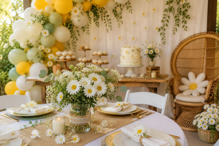 Elegant daisy baby shower setup featuring white and yellow balloon garland, fresh daisy floral arrangements, rustic wooden dessert table, daisy cake, wicker chair, and soft neutral decorations in a bright garden-inspired setting.