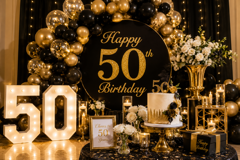 Elegant 50th birthday celebration with a luxury gold-themed cake, balloons, family and friends gathered around a beautifully decorated party table.