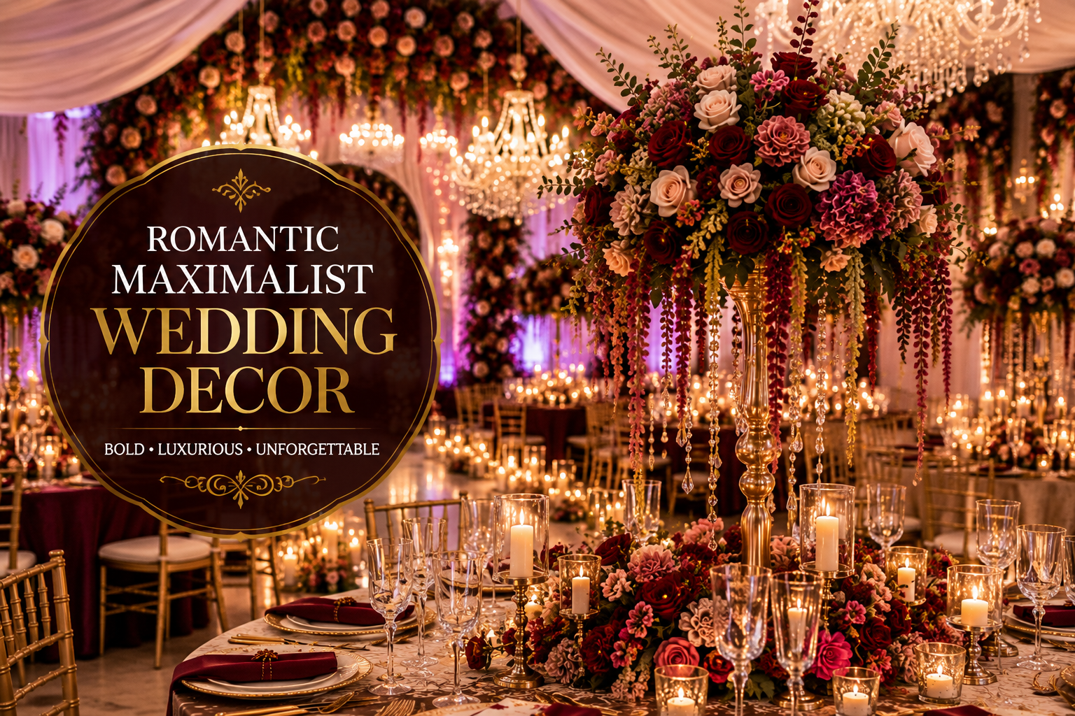 Romantic maximalist wedding decor featuring luxurious floral centerpieces, crystal chandeliers, candlelit reception tables, rich burgundy and blush flowers, and elegant gold accents in a lavish wedding venue.