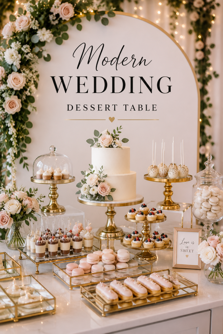 Modern Wedding Dessert Table with elegant white wedding cake, gold dessert stands, French macarons, cupcakes, cake pops, floral arrangements, and luxury wedding reception decor.