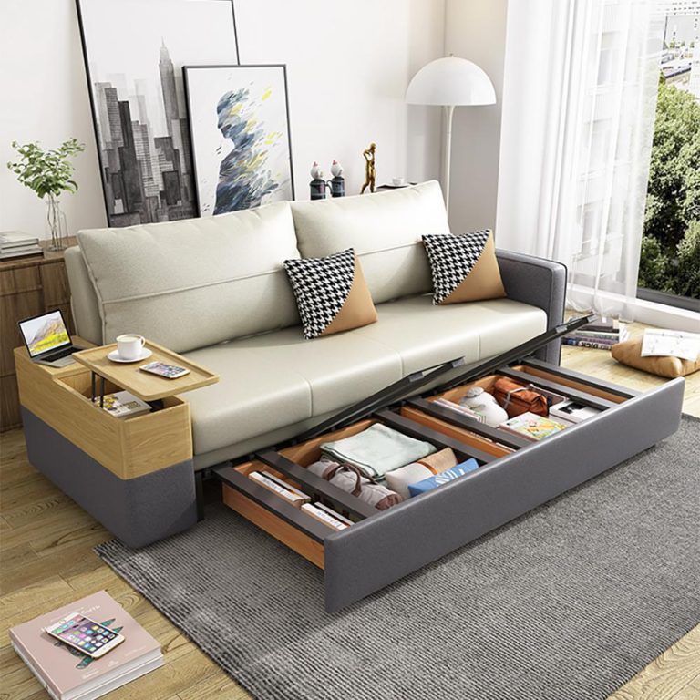 Modern living room featuring multifunctional furniture including a storage sofa, lift-top coffee table, and space-saving design.