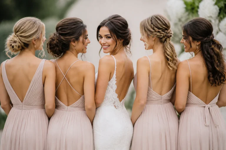 Bride with bridesmaids in blush dresses