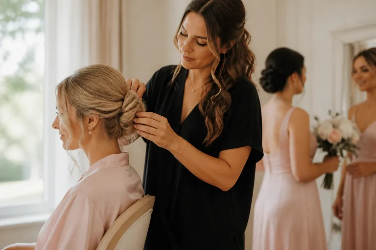 Stylist fixing bride’s updo hairstyle