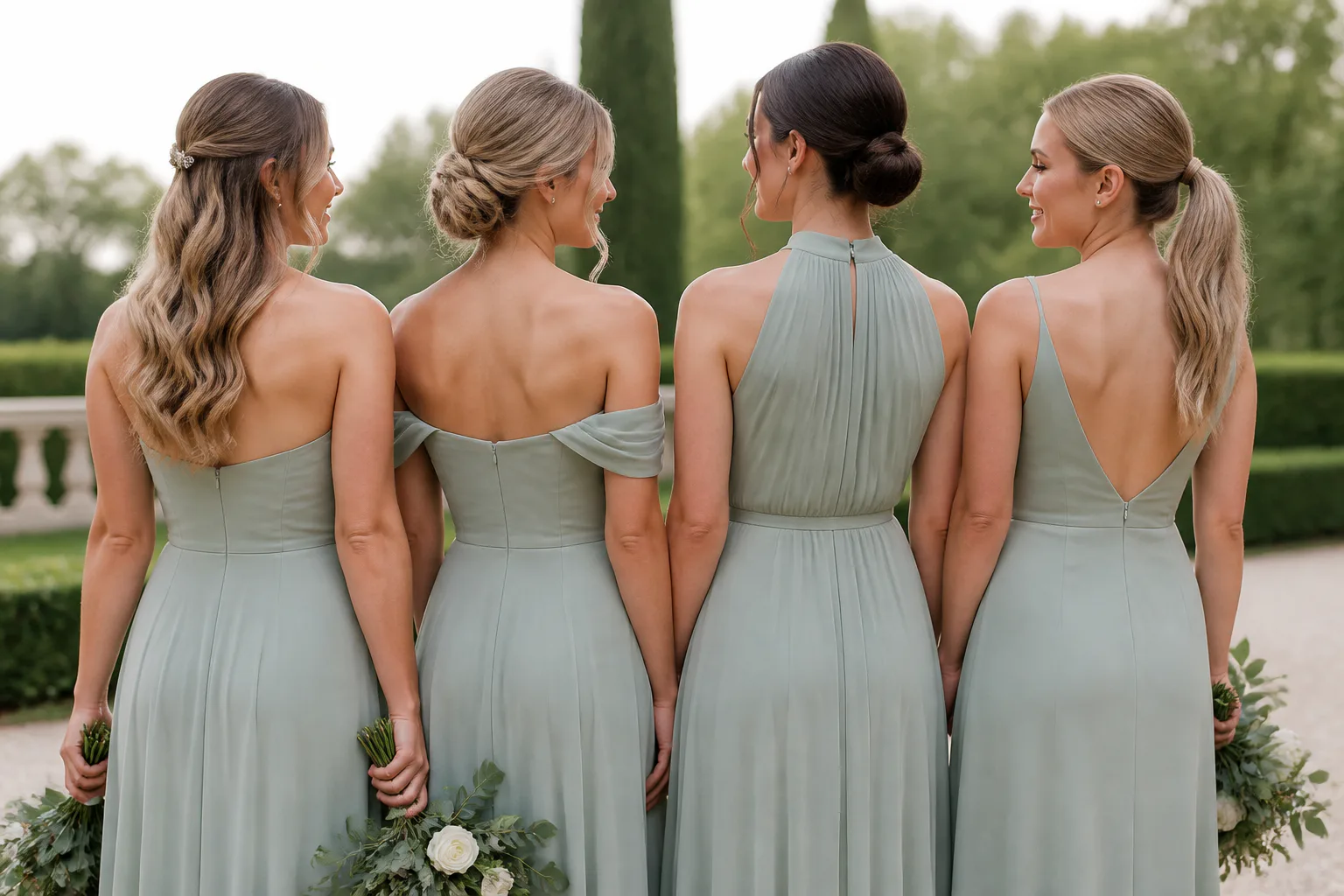 Elegant Bridesmaid Hairstyles for Every Wedding Style 5 Bridesmaids in sage dresses from behind