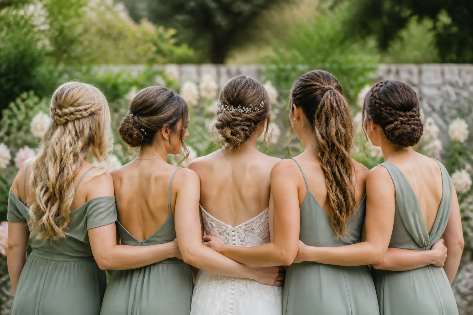 Elegant Bridesmaid Hairstyles for Every Wedding Style 2 Bride with bridesmaids from behind