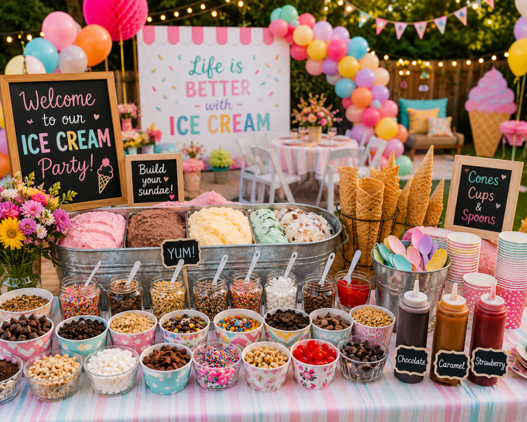 Colorful outdoor ice cream party setup with a sundae bar, ice cream cones, assorted toppings, pastel balloons, flowers, and summer decorations.