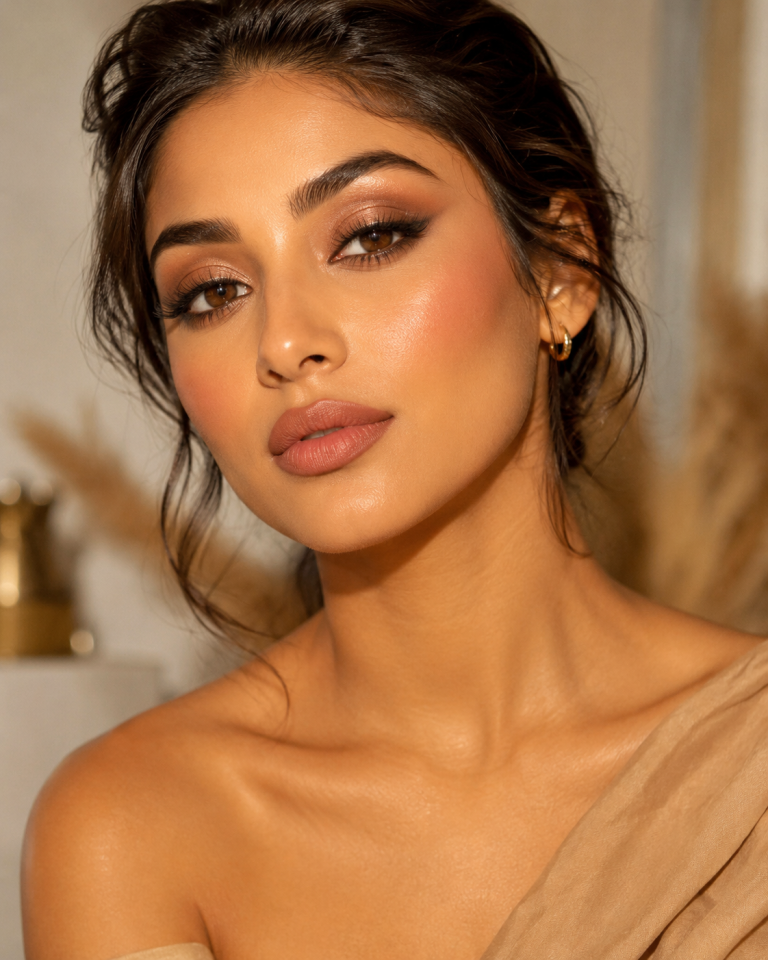 Create a vertical 4:5 beauty editorial image showing a woman with a warm golden skin undertone wearing makeup shades that flatter warm skin tones. Include soft golden-beige foundation, peach blush, bronze and copper eyeshadow, warm brown eyeliner, champagne-gold highlighter, and a terracotta nude lipstick. Elegant natural lighting, glowing skin, clean luxury beauty background, realistic photography, sophisticated makeup aesthetic, no text, no logo.