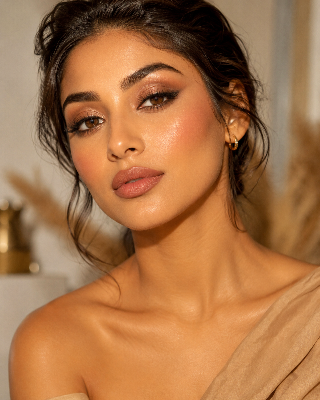 Create a vertical 4:5 beauty editorial image showing a woman with a warm golden skin undertone wearing makeup shades that flatter warm skin tones. Include soft golden-beige foundation, peach blush, bronze and copper eyeshadow, warm brown eyeliner, champagne-gold highlighter, and a terracotta nude lipstick. Elegant natural lighting, glowing skin, clean luxury beauty background, realistic photography, sophisticated makeup aesthetic, no text, no logo.