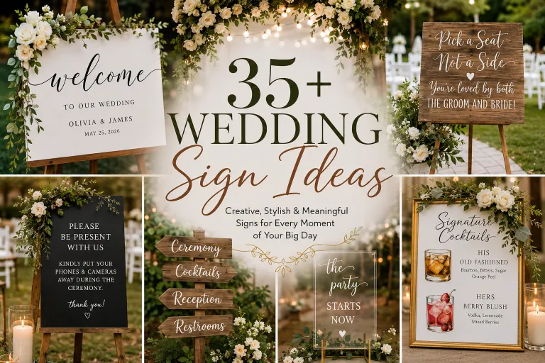 35+ wedding sign ideas featuring elegant floral welcome signs, rustic wooden signs, ceremony directions, unplugged ceremony signs, and signature cocktail displays.