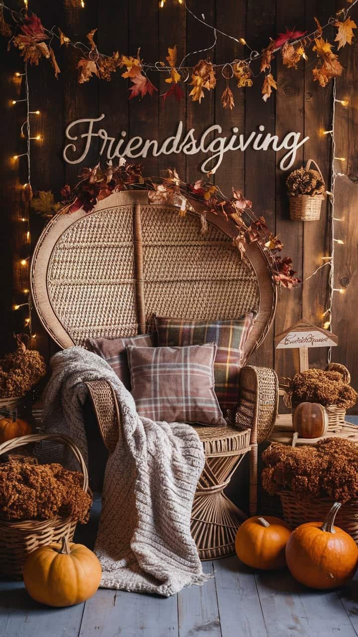 Cozy Friendsgiving party setup with a wicker chair, plaid pillows, knitted blanket, autumn leaves, pumpkins, warm string lights, and a Friendsgiving sign.