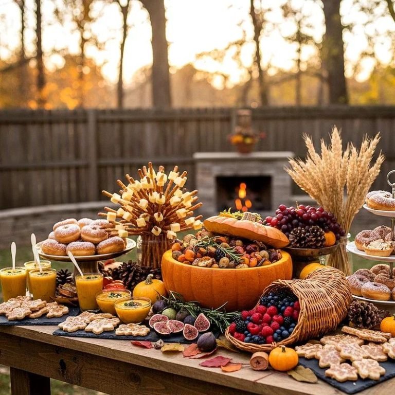 Cozy harvest party setup with pumpkins, autumn decorations, seasonal food, warm lighting, rustic tables, and beautiful fall-inspired details.