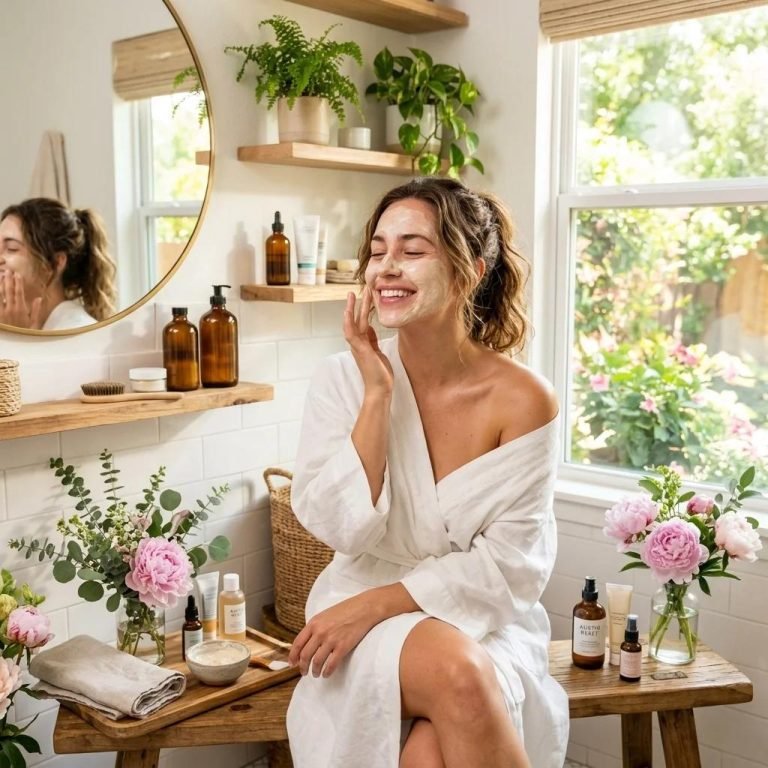 Woman enjoying a natural skincare routine in a bright, cozy bathroom surrounded by plants and skincare products.