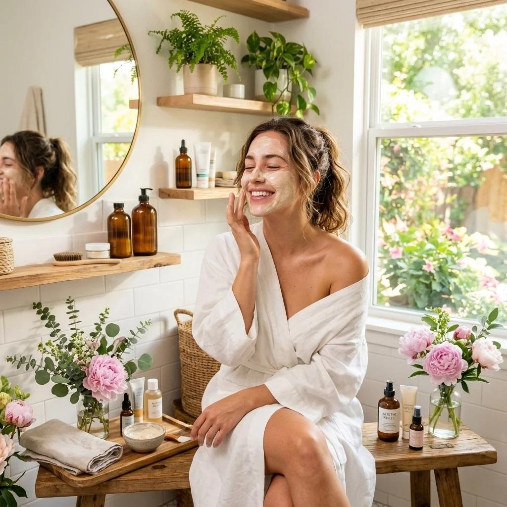 Woman enjoying a natural skincare routine in a bright, cozy bathroom surrounded by plants and skincare products.