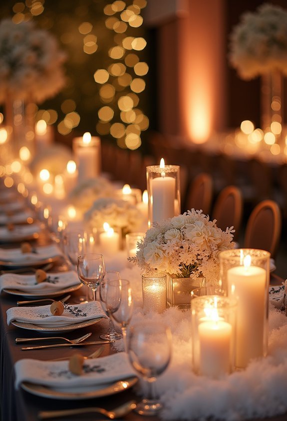 19 Breathtaking Winter Wedding Reception Ideas for a Magical Cozy Celebration 5 faux snow and frosted sparkle