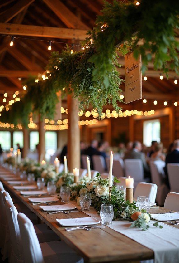greenery adorned barn beams