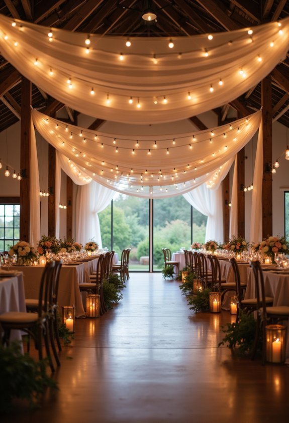 19 Charming Barn Wedding Reception Ideas That Turn a Venue Into a Dream 4 ivory chiffon barn beam drapes