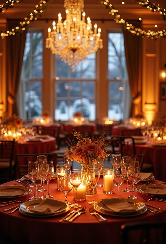 19 Breathtaking Winter Wedding Reception Ideas for a Magical Cozy Celebration 3 layered amber glow lighting