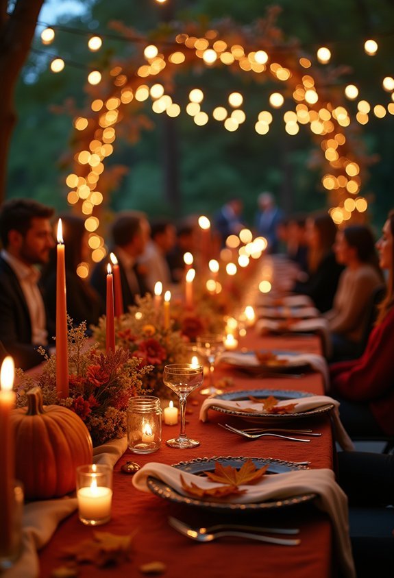 17 Cozy Fall Wedding Reception Ideas With Rich Colors and Autumn Magic 3 layered warm candlelight glow