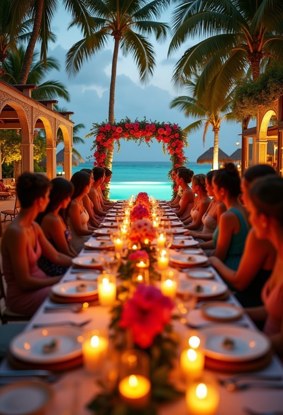 19 Vibrant Tropical Wedding Reception Theme Ideas for a Lush Island Celebration 16 sunset poolside tropical reception