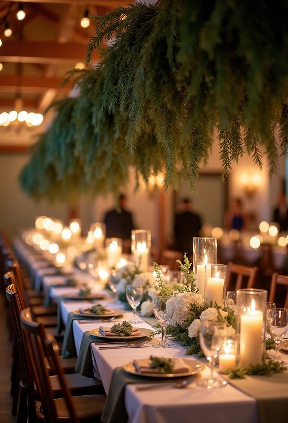 19 Breathtaking Winter Wedding Reception Ideas for a Magical Cozy Celebration 11 suspended winter greenery canopy