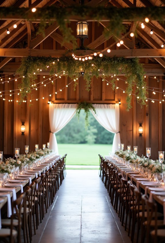 19 Charming Barn Wedding Reception Ideas That Turn a Venue Into a Dream 5 trailing greenery wall softening
