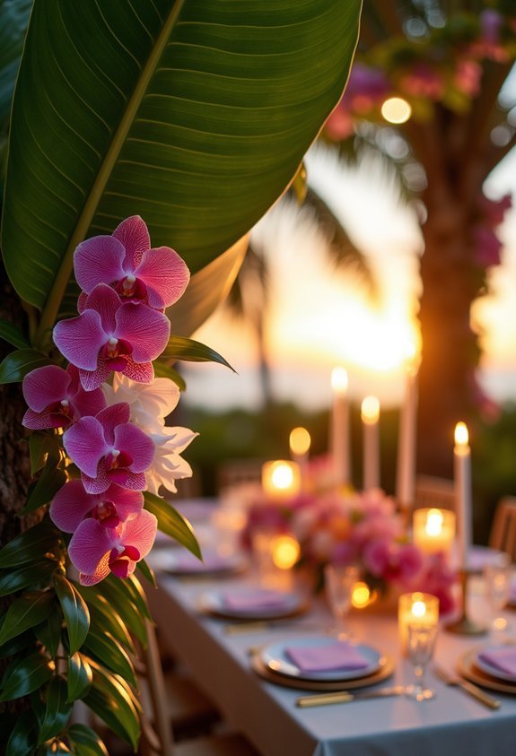 19 Vibrant Tropical Wedding Reception Theme Ideas for a Lush Island Celebration 15 tropical monstera orchid pairing