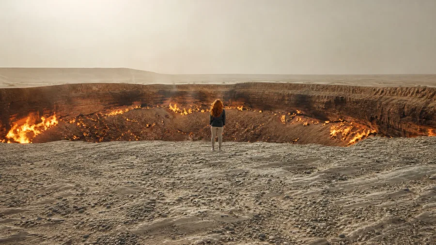 Stop at the Derweze Gas Crater along the Karakum Highway
